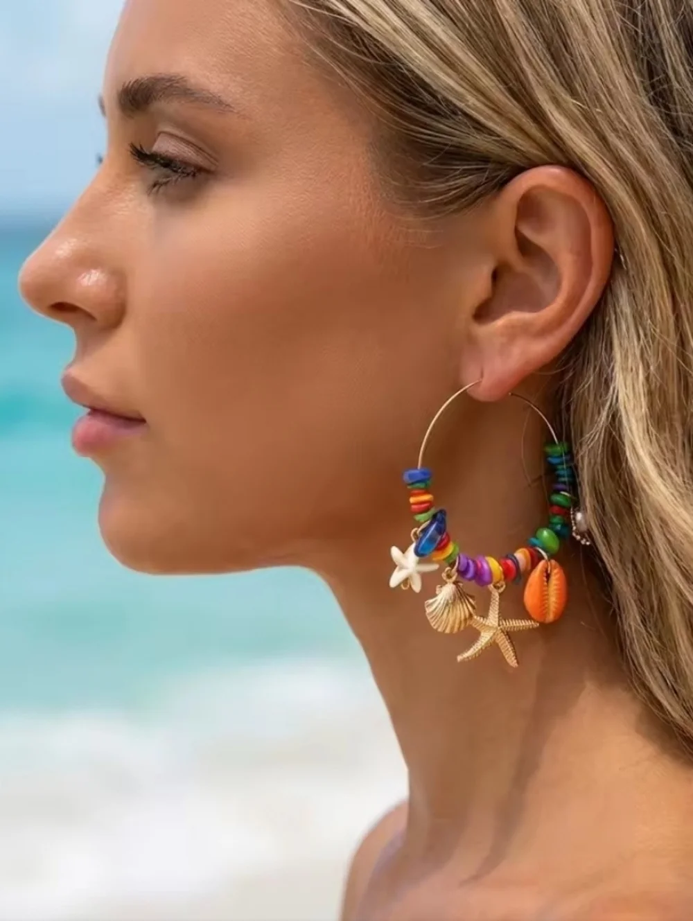 New! Free People Beaded Shell Charm Hoop Earrings  • NWOT